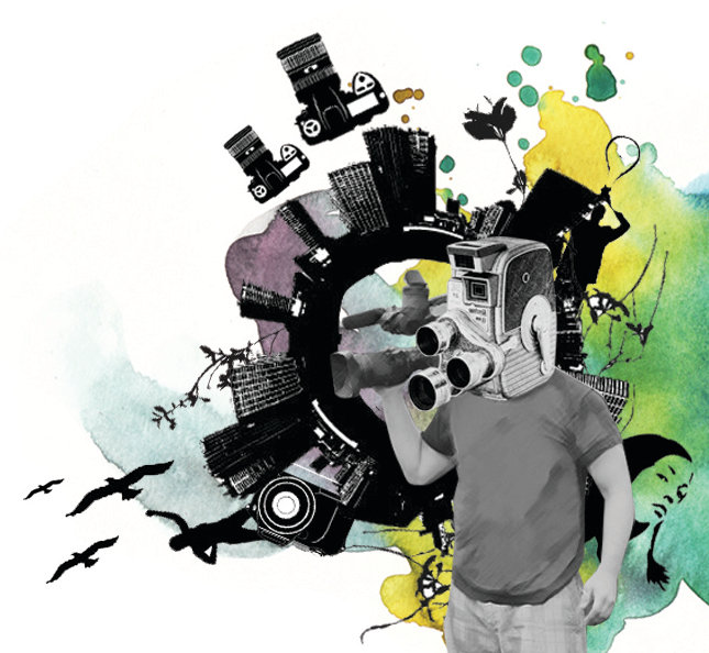 A person with a camera as their head and with their hand holding a camcorder. The background is multicolored with watercolor effect and there are posterize graphics of building, bird, human figures, human face, tree, machinery and many more.