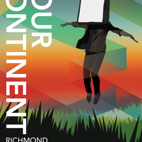 A human silhouette with a light box as their head floating above a grassy ground. The background is multicolored with some ribbon-shaped graphics on it. There is a text that reads "Your Kontinent, Richmond International Film and Media Arts Festival," and there's a logo next to it.