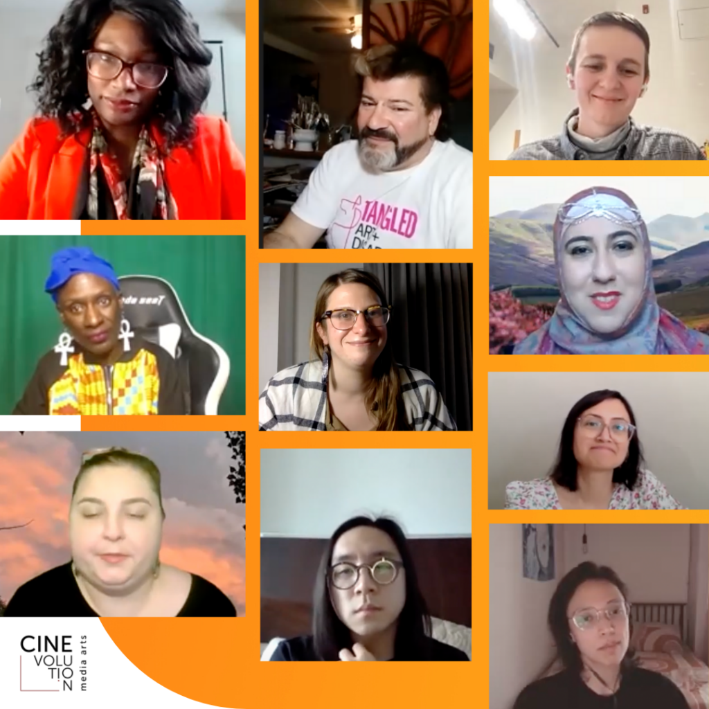 Collage of various participants faces, with orange grid background.
