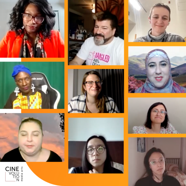 Collage of various participants faces, with orange grid background.