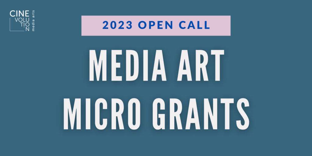 White text centred on dark teal background that reads "media art micro grants." Above it, in blue text on lilac background, "2023 open call."